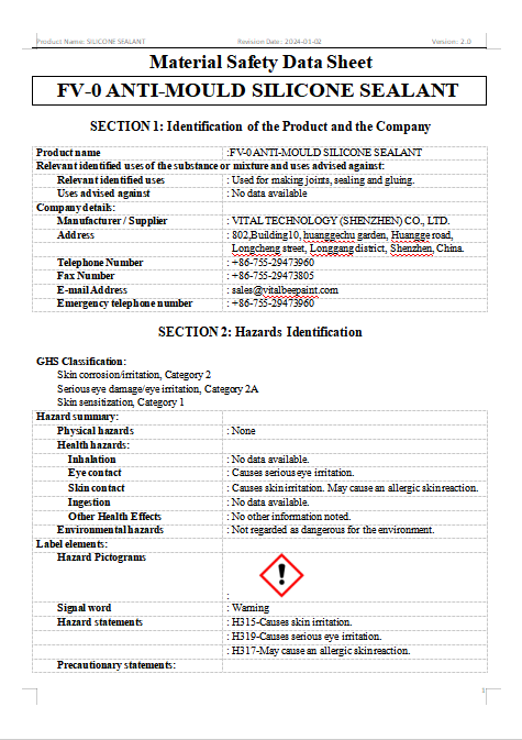 Anti-Mould Silicone Sealant certificate